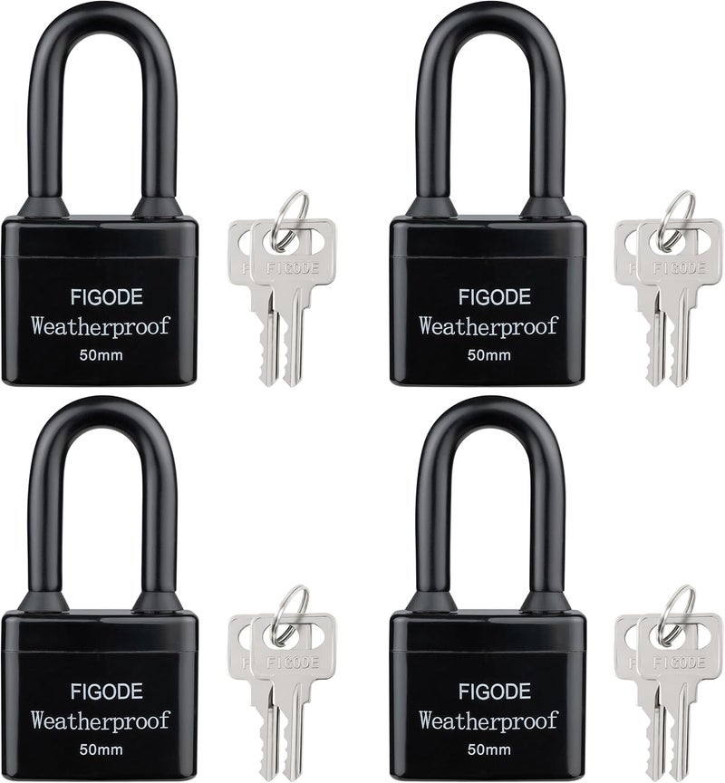 FIGODE ® Outdoor Waterproof Padlocks, Covered Heavy Duty Laminated Steel Locks, Large Sturdy Locks, 2.2 in. Wide, 4 Locks Same Key, Long Padlocks - Image 1
